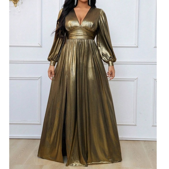 Plus Plunging Neckline High Waisted Split Thigh Wedding Party Formal Dress - Picture 4 of 9